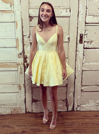 Double Straps V-neck Yellow Short Prom Dress Homecoming Dresses