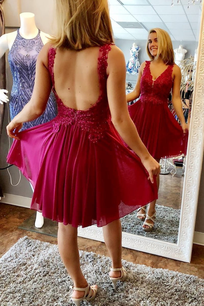 fuchsia chiffon homecoming dresses backless short prom dress with appliques dth315