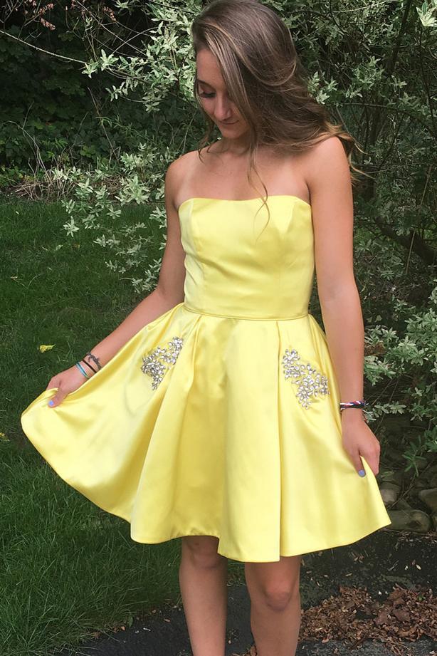 daffodil strapless short homecoming dresses with beading pockets dth341