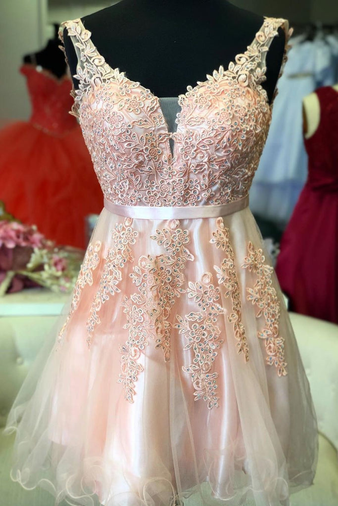 cute a-line short pink homecoming dress with lace appliues dth314