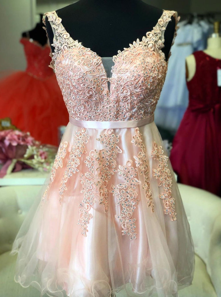Cute A-line Short Pink Homecoming Dress With Lace Appliues