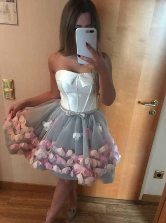 Strapless Short Prom Dresses Handmade Flowers Graduation Party Gown