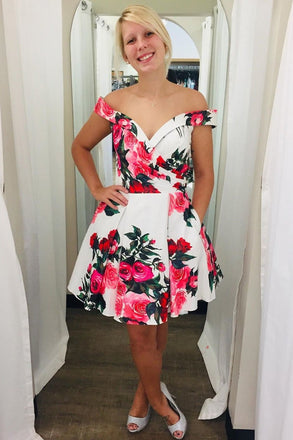 off shoulder floral print short prom homecoming dresses dth331