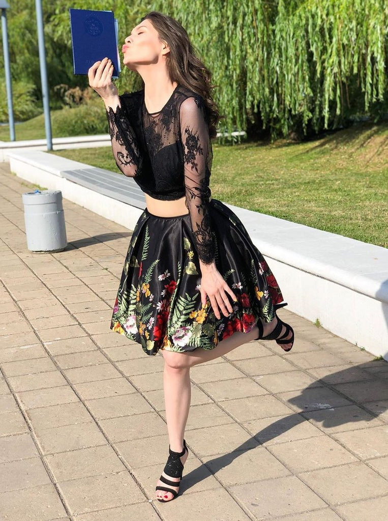 Lace Long Sleeve Jewel Black Homecoming Dresses Two Piece Short Prom Dress