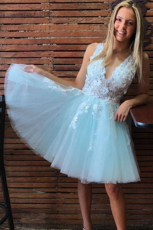v-neck tulle mint green short prom homecoming dresses with appliques dth340