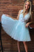 v-neck tulle mint green short prom homecoming dresses with appliques dth340