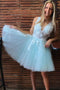 V-neck Tulle Mint Green Short Prom Homecoming Dresses With Appliques
