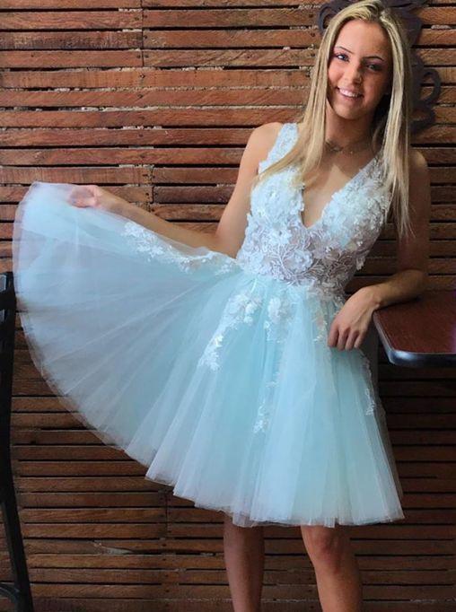 V-neck Tulle Mint Green Short Prom Homecoming Dresses With Appliques DTH340 DressTok.co.uk V-neck Tulle Mint Green Short Prom Homecoming Dresses With Appliques DTH340 DressTok.co.uk