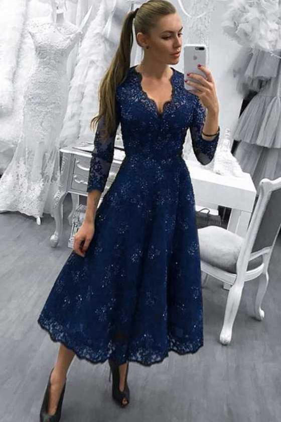 Long Sleeve Navy Blue Evening Dresses For Women Lace Party Dress