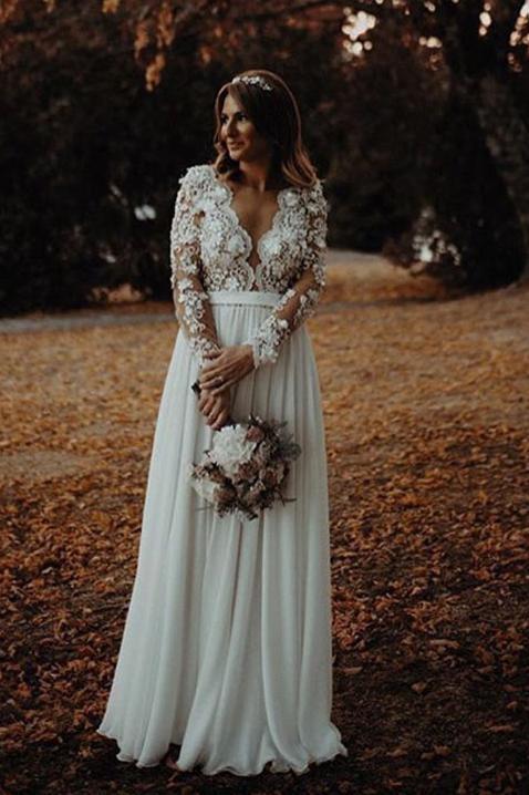 V-neck Lace Long Sleeve Beach Wedding Dresses Chiffon Bridal Gown With Split