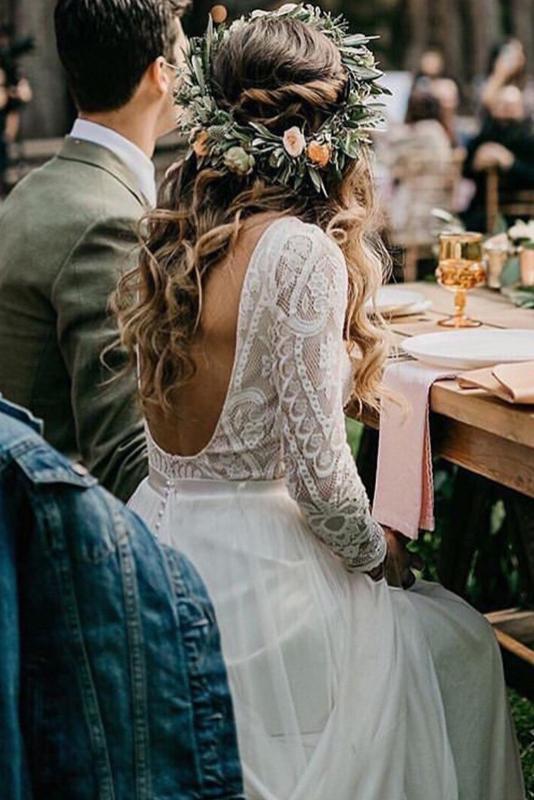 Flowy Long Sleeve Lace Backless Wedding Dresses Beach Chiffon Bridal Gown