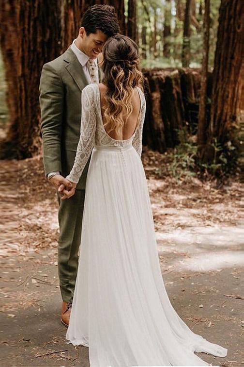 flowy long sleeve lace backless wedding dresses beach chiffon bridal gown dtw252