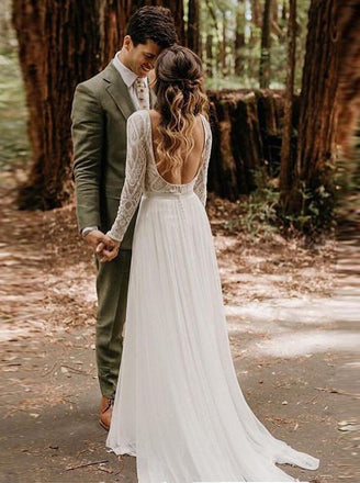 Flowy Long Sleeve Lace Backless Wedding Dresses Beach Chiffon Bridal Gown