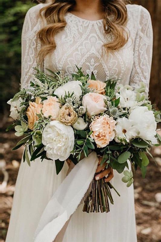 Flowy Long Sleeve Lace Backless Wedding Dresses Beach Chiffon Bridal Gown