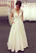 a-line v-neck lace top ivory wedding dresses satin skirt with pockets dtw250