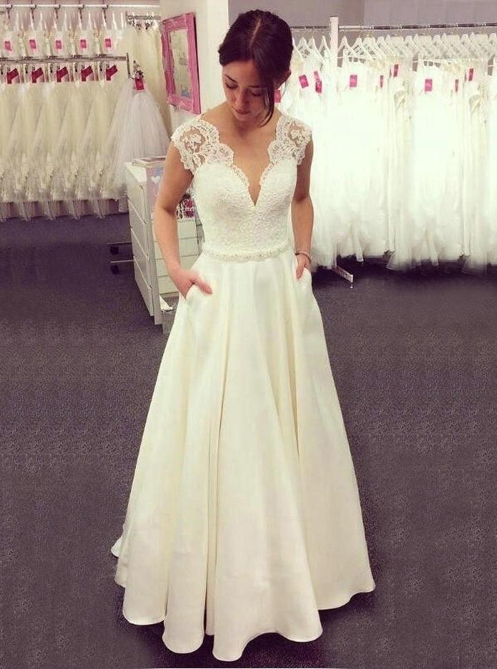 A-line V-neck Lace Top Ivory Wedding Dresses Satin Skirt With Pockets