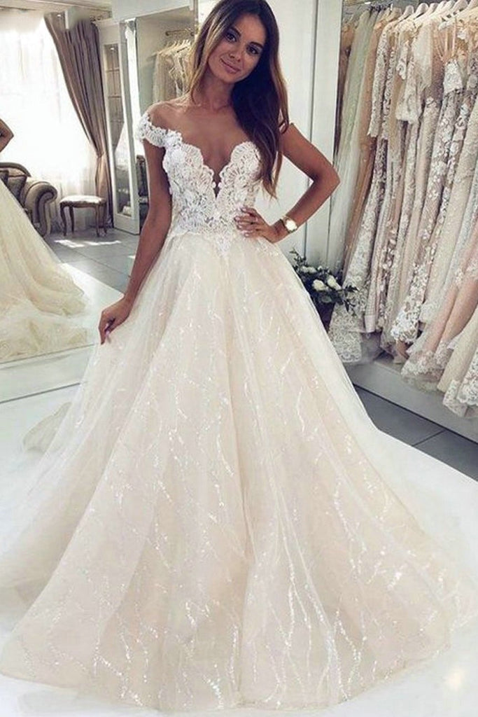 off shoulder lace beach wedding dress with sequined appliques dtw275
