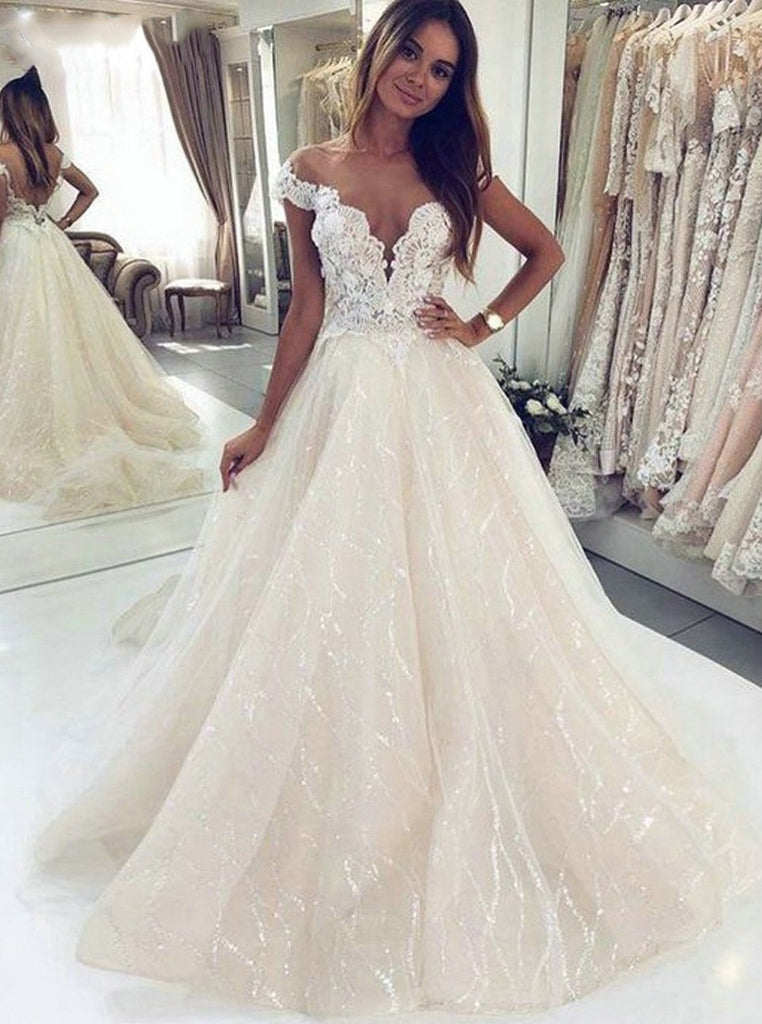Off Shoulder Lace Beach Wedding Dress with Sequined Appliques