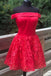 a-line off shoulder satin red homecoming dress with lace applique dth313