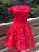 A-line Off Shoulder Satin Red Homecoming Dress With Lace Applique
