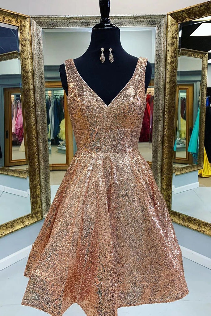 gold homecoming dress a-line v-neck sequins short prom dress dth295