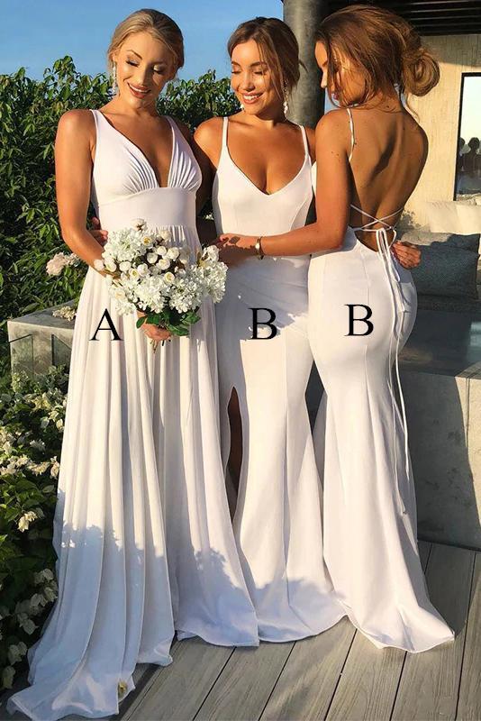 white v-neck long backless bridesmaid dresses with sweep train dtb87