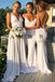 white v-neck long backless bridesmaid dresses with sweep train dtb87