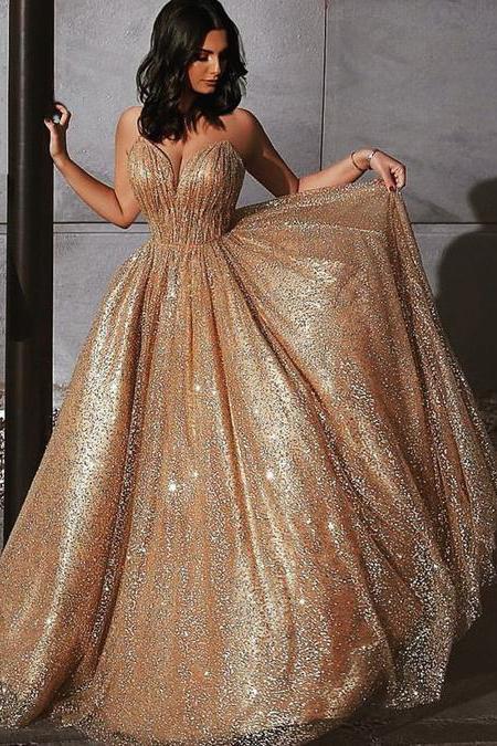 sparkly a-line long prom dresses sequin v-neck evening dress dtp803