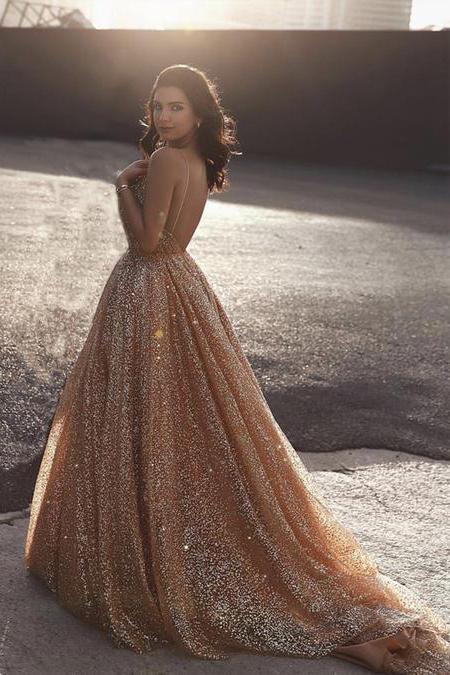 Sparkly A Line Long Prom Dresses Sequin V-neck Evening Dress