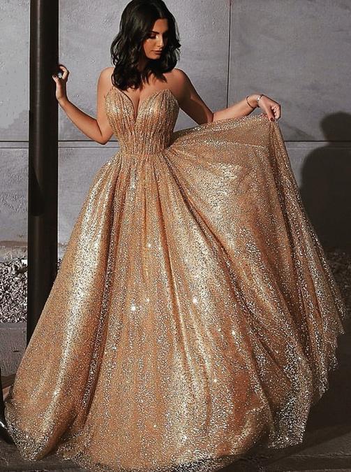 Sparkly A Line Long Prom Dresses Sequin V-neck Evening Dress