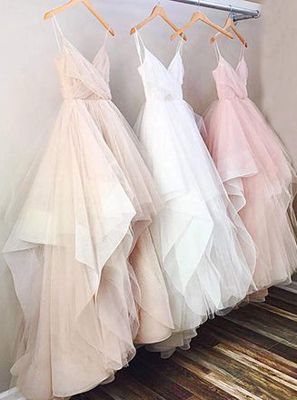 Simple Tulle Prom Dress Spaghetti Straps Ruffles V Neck Wedding Dresses