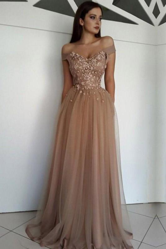 appliques formal evening dress off shoulder sweetheart tulle long prom dresses dtp775