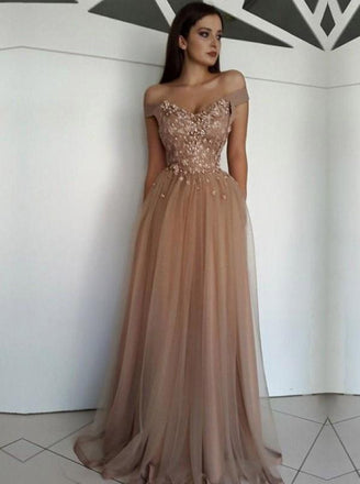 Off Shoulder Sweetheart Tulle Long Prom Dresses, Appliques Formal Evening Dress