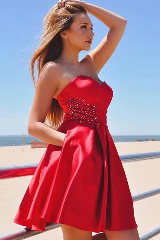 satin sweetheart beaded red homecoming dresses with pockets dth372
