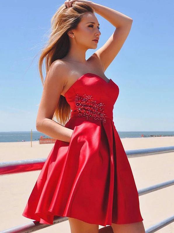 Satin Sweetheart Beaded Red Homecoming Dresses With Pockets