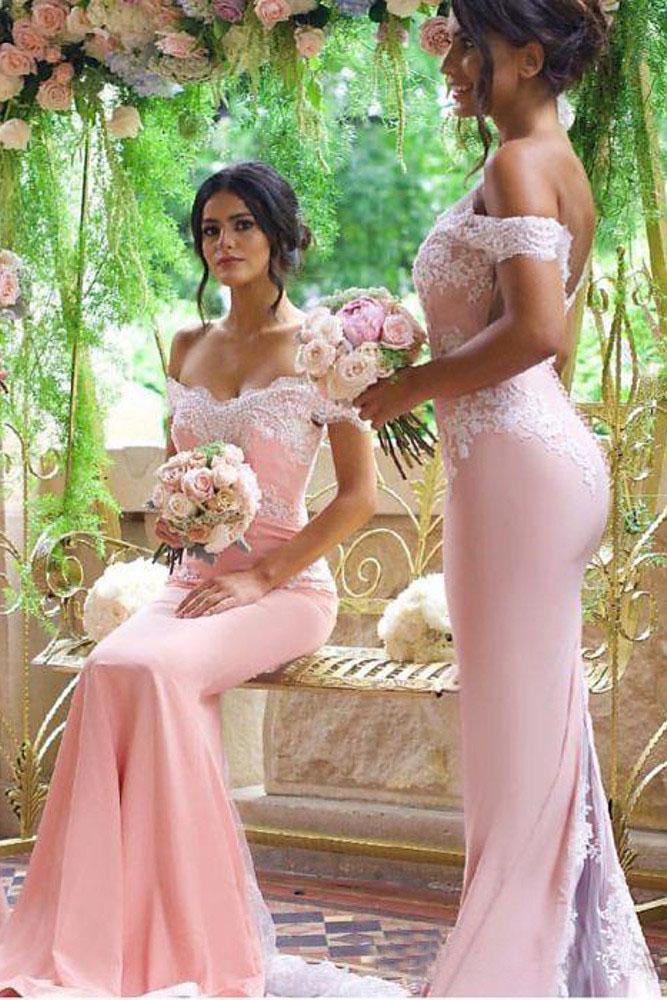 Elegant Off shoulder Mermaid Long Bridesmaid Dresses with Lace Top