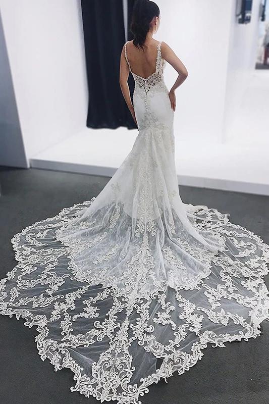 mermaid v-neck backless spaghetti wedding dresses with appliques dtw324