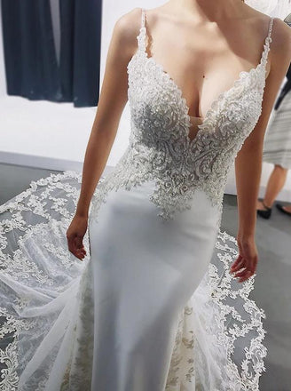 Mermaid V-neck Backless Spaghetti Wedding Dresses With Appliques