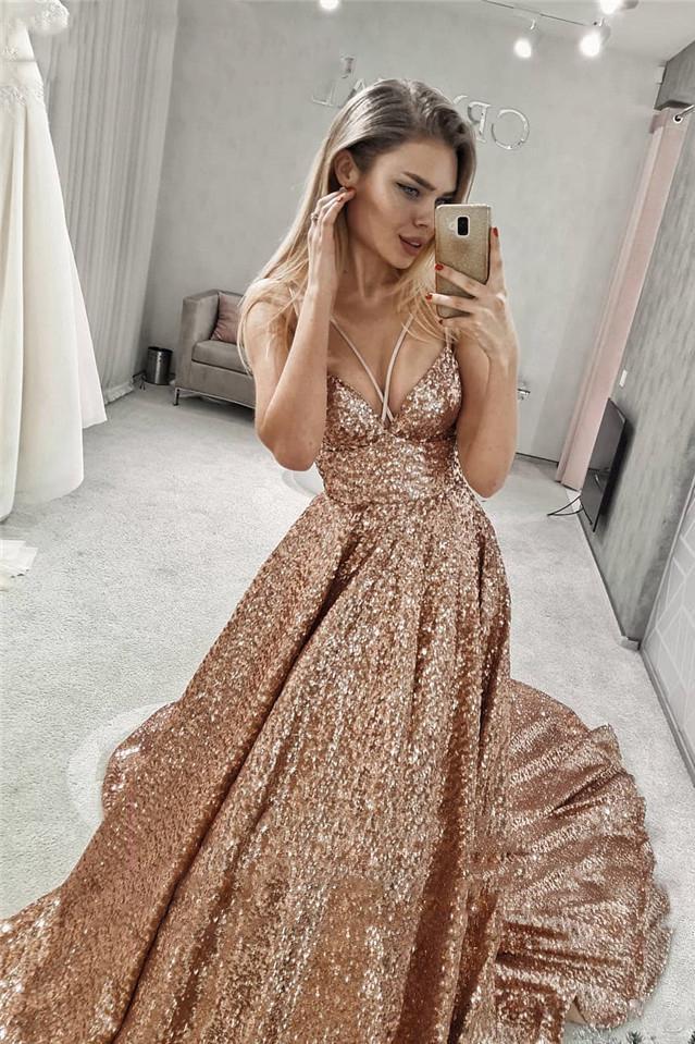 sparkly straps v neck long prom dresses with sequin evening dress dtp808