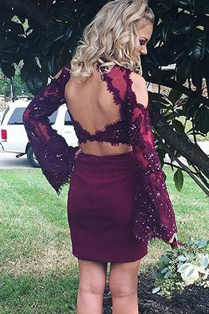 Long Bell Sleeves Two Piece Sheath Homecoming Dresses With Lace Beading