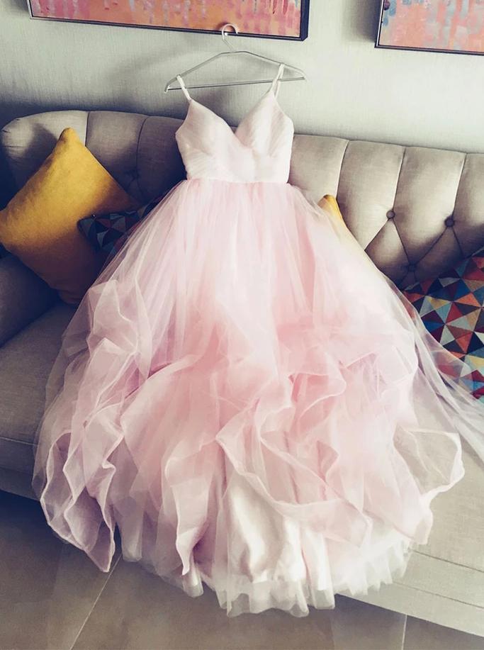 Simple A-line V-neck Tulle Pink Prom Dress, Princess Pink Bridal Gown