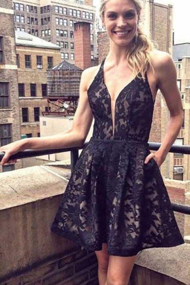 black a-line v-neck lace short prom homecoming dresses with pocket dth333