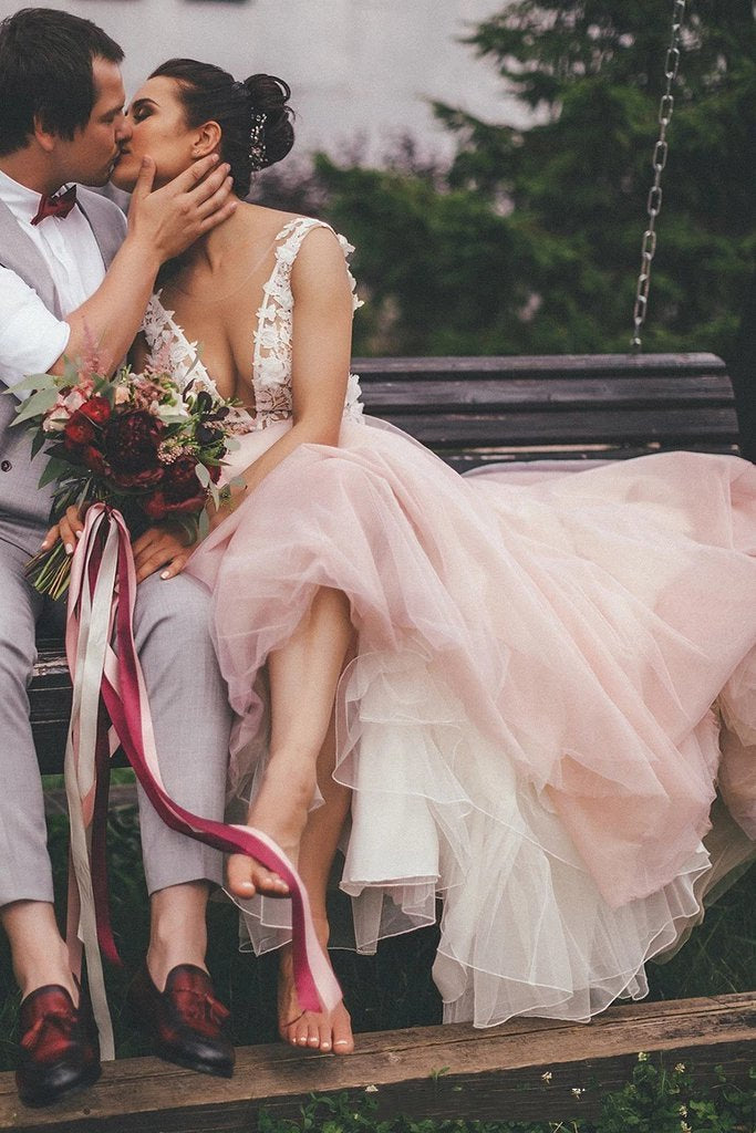 sheer round neckline pink wedding dress backless bridal gown with lace appliques dtw285