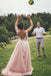 Sheer Round Neckline Pink Wedding Dress Backless Bridal Gown With Lace Appliques