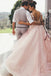 Sheer Round Neckline Pink Wedding Dress Backless Bridal Gown With Lace Appliques
