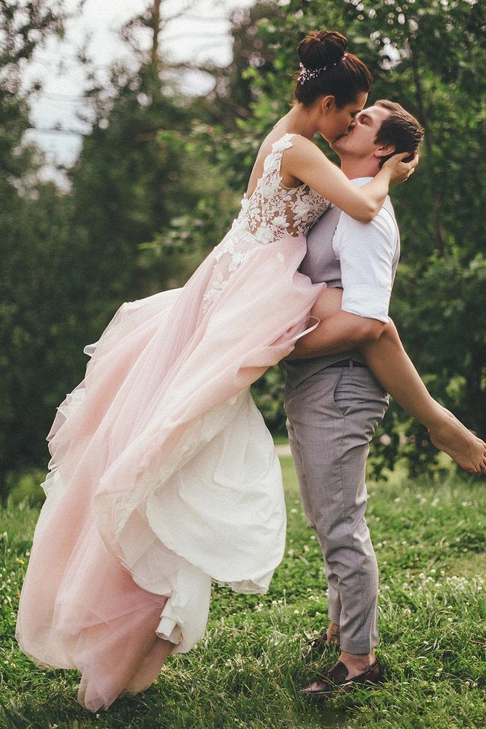Sheer Round Neckline Pink Wedding Dress Backless Bridal Gown With Lace Appliques