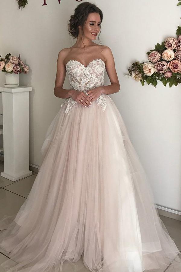 a-line sweetheart boho bridal gown lace applique wedding dresses dtw33