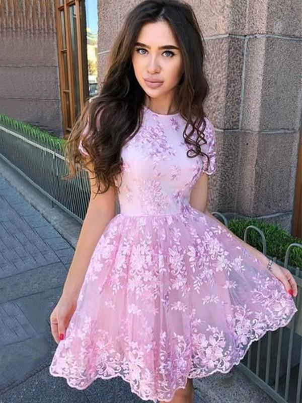Short Sleeve Lace Pink Homecoming Dresses With Appliques DTH363 DressTok.co.uk Short Sleeve Lace Pink Homecoming Dresses With Appliques DTH363 DressTok.co.uk