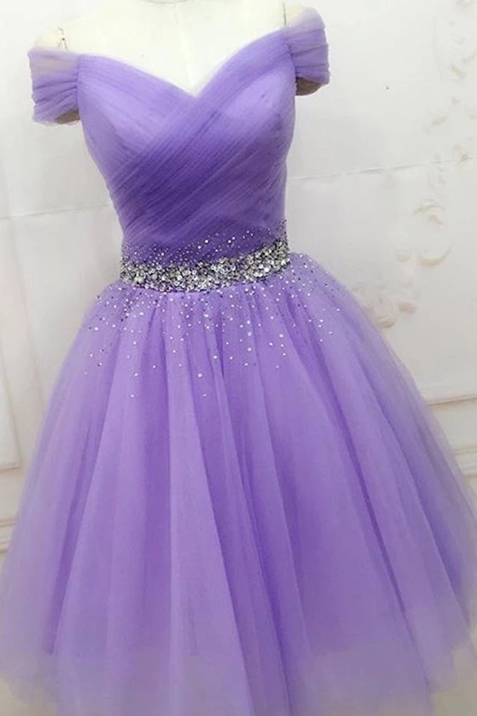 chic short prom dresses with beading lavender tulle a-line homecoming dress dth376