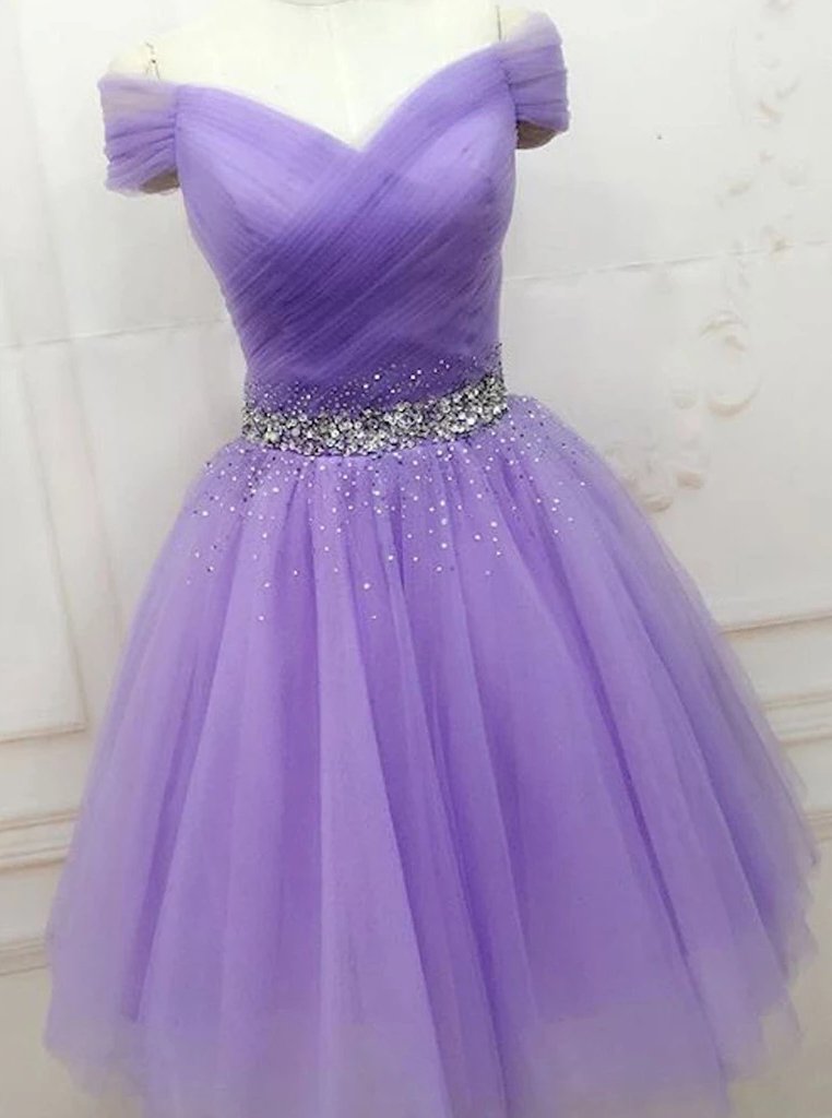 Lavender Tulle A-line Homecoming Dress,Chic Short Prom Dresses With Beading
